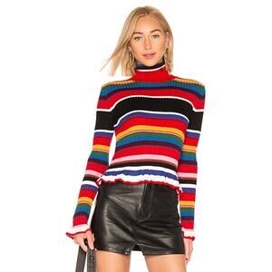 MSGM Rainbow Multicolored Striped Knit Ruffle Bell Sleeve Turtleneck Sweater XS